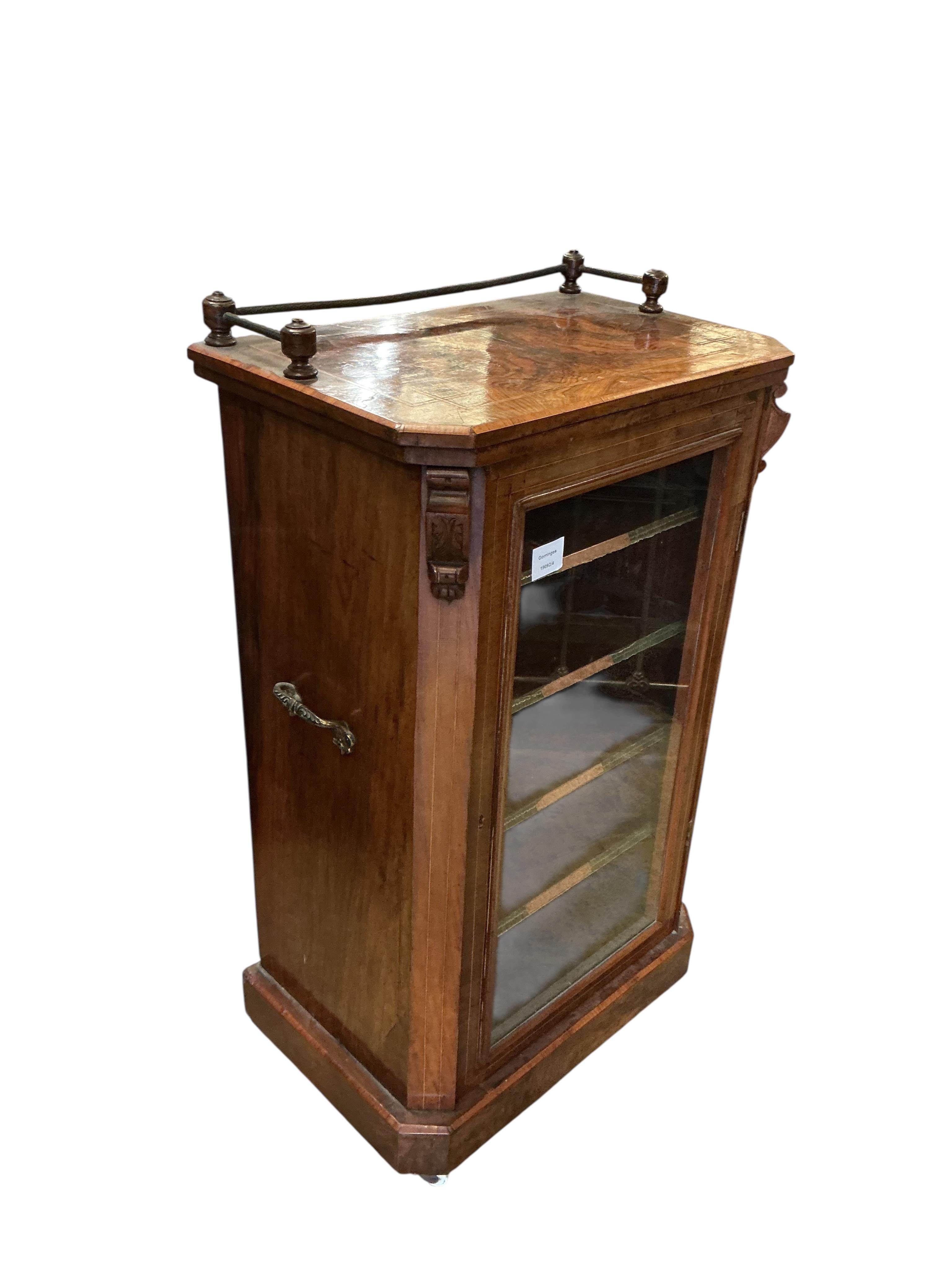 A Victorian banded walnut music cabinet, width 54cm, depth 34cm, height 93cm
